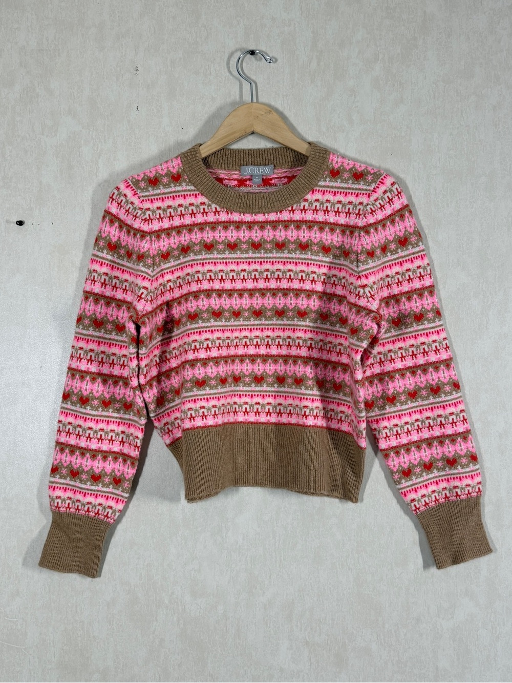 NWT J. Crew Shrunken Fair Isle Crewneck Sweater Lambswool Blend in Pink Brown M - Picture 3 of 10